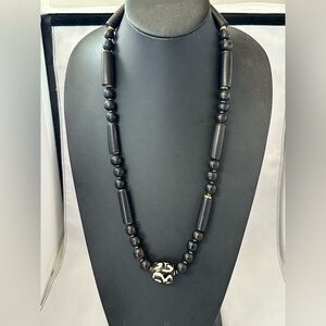 Black natural horn and batik bone beaded necklace
